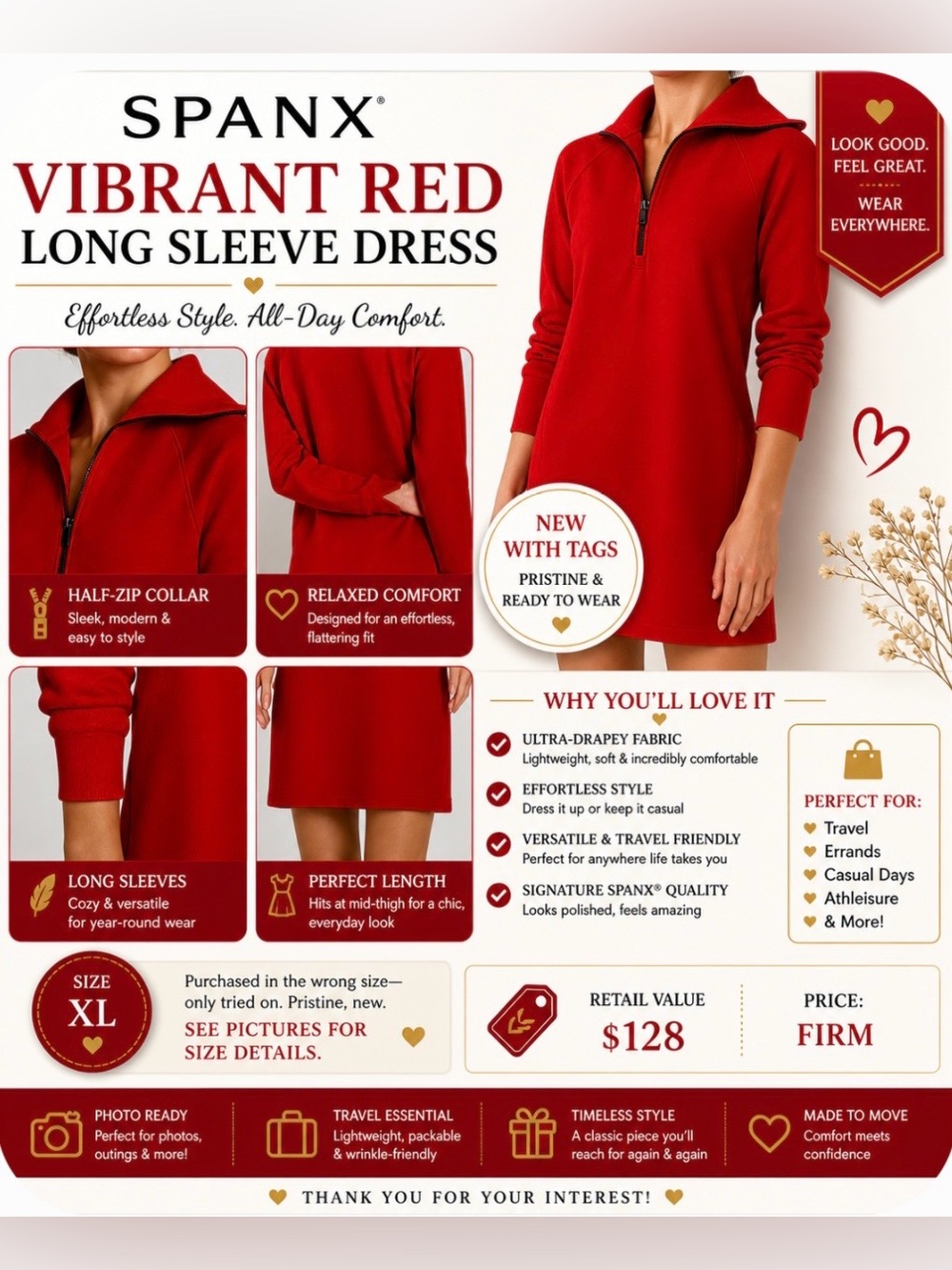 SPANX Vibrant Red Long Sleeve Dress